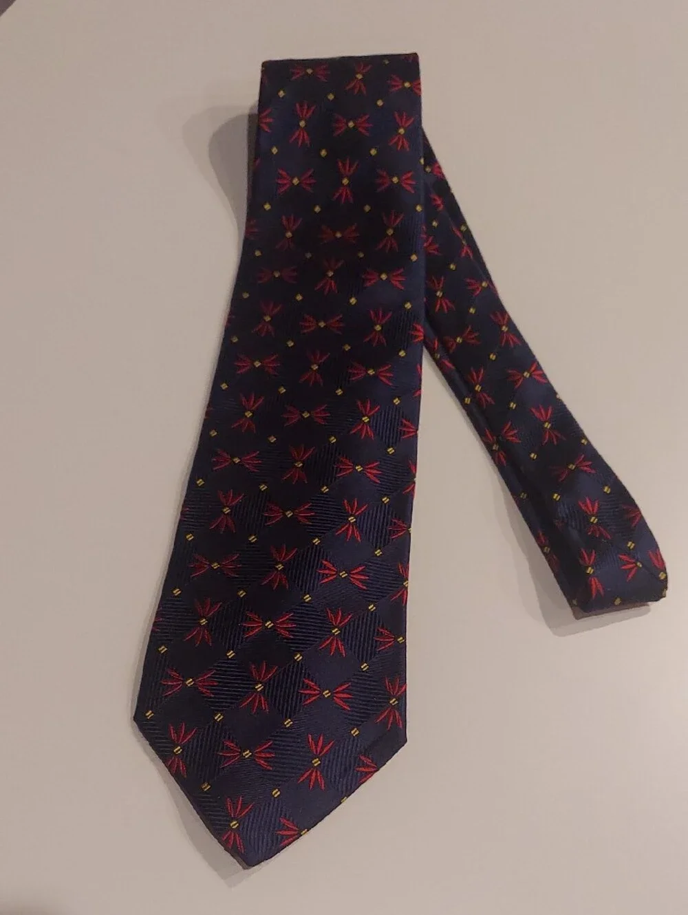 Vintage Geoffrey Beene Silk Navy Tie with Red Floral Pattern and Yellow Accents
